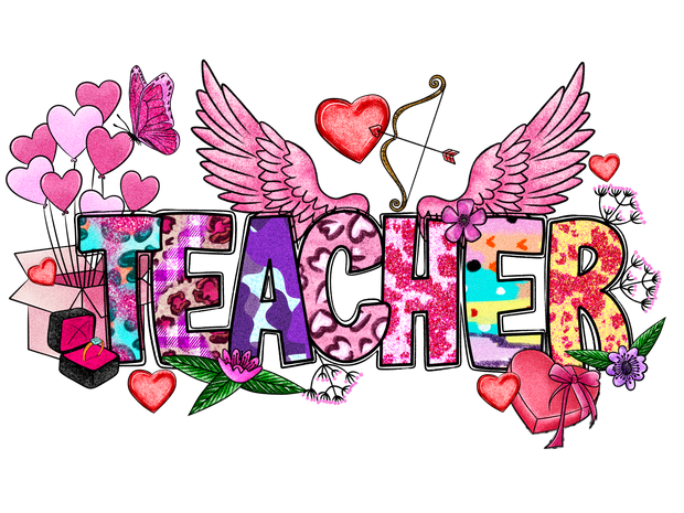 Teacher Valentine With Angel Wings Bow And Arrow And Hearts Multi Print Font DTF (direct-to-film) Transfer