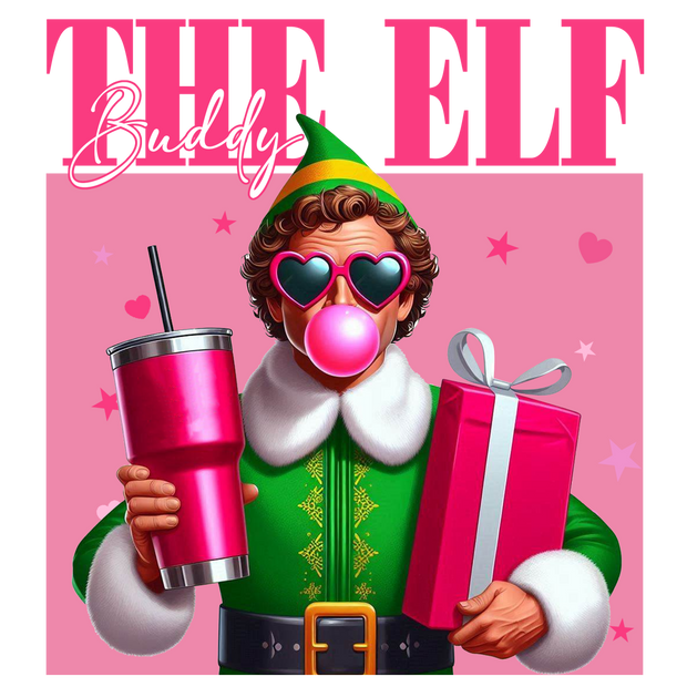 The Elf Buddy in Green Suit & Pink Glasses DTF (direct-to-film) Transfer