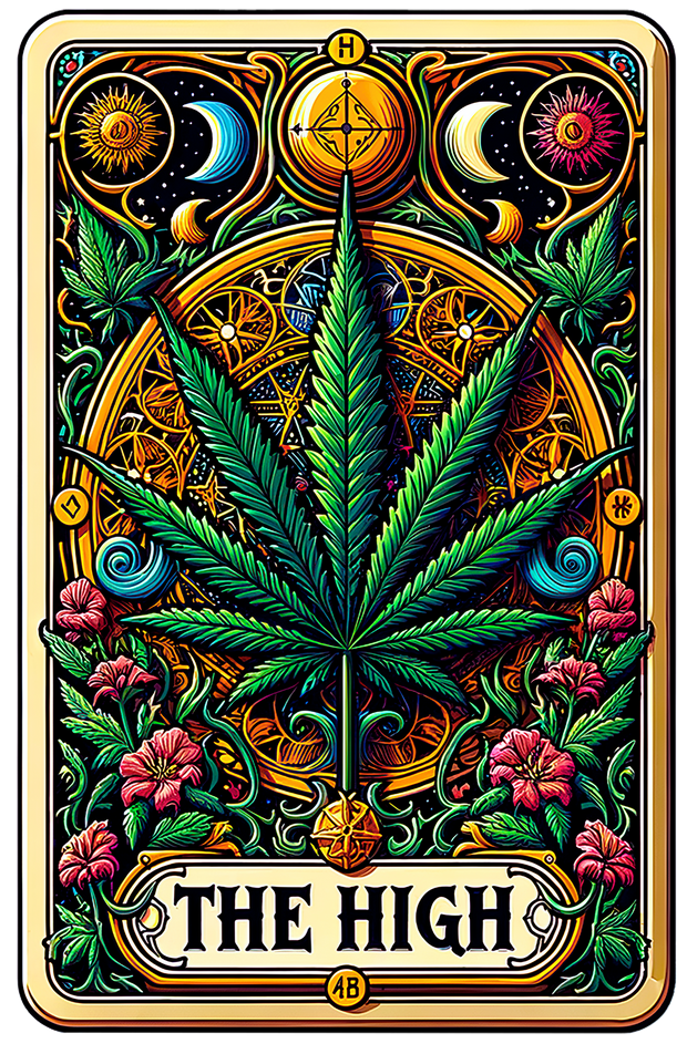 The High Tarot Card  With Marijuana Leaf In Green And Gold 420DTF (direct to film) Transfer