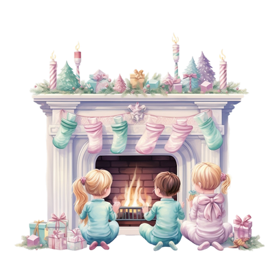 Three Kids in Pastels by Lit Fireplace DTF (direct-to-film) Transfer