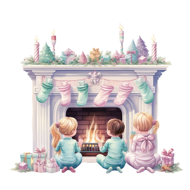 Three Kids in Pastels by Lit Fireplace DTF (direct-to-film) Transfer