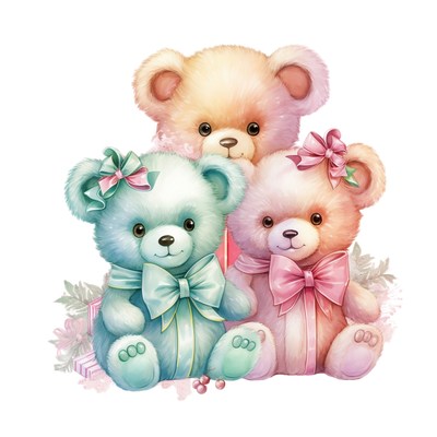 Three Pastel Bears and Bows DTF (direct-to-film) Transfer