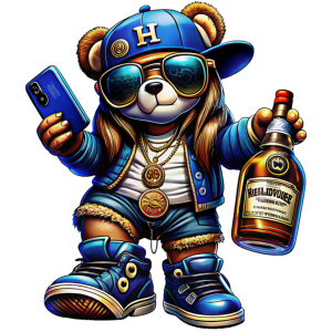 Tipsy Bear in Blue With Bottle DTF (direct-to-film) Transfer