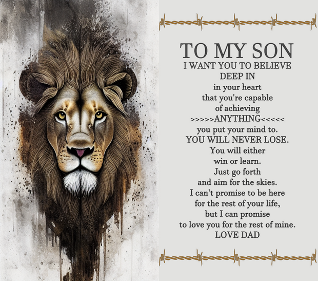 To My Son Love Dad In Black Font With Lion And Barbed Wire  UV-DTF 20 oz Skinny Tumbler Wrap