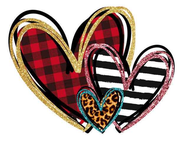 Trio Of Hearts Outlined In Shimmer With Plaid Stripe And Animal Print DTF (direct-to-film) Transfer