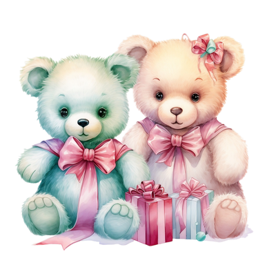 Two Teddy Bears With Bows DTF (direct-to-film) Transfer