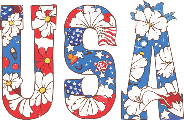 USA In Floral And American Flag Filled Font  DTF (direct-to-film) Transfer