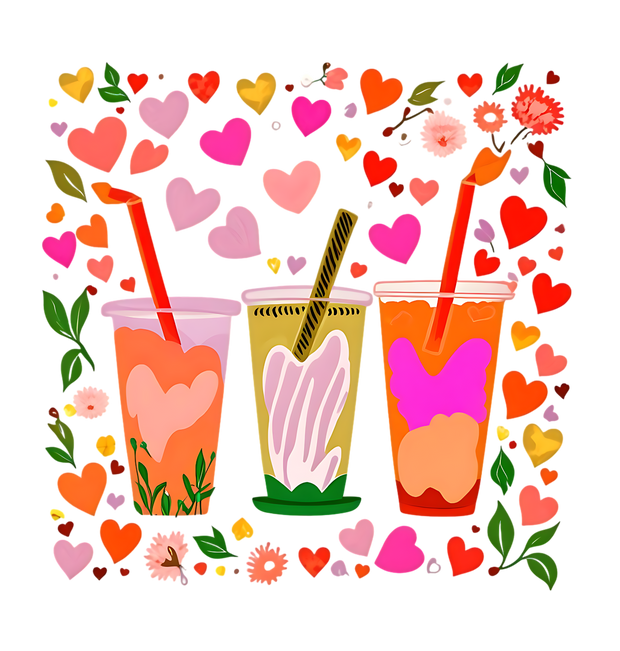 Valentine Beverage Trio With Hearts and Floral DTF (direct-to-film) Transfer