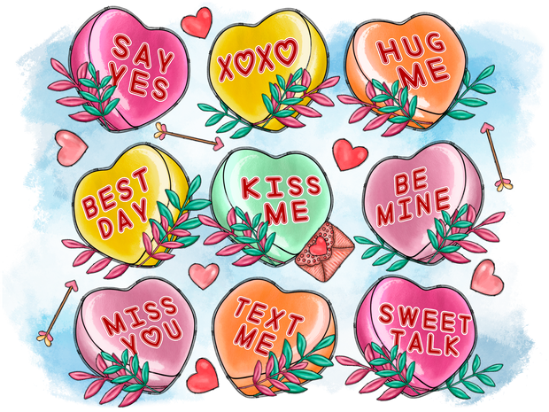 Valentines Day Candy Hearts Yellow Green Pink DTF (direct-to-film) Transfer