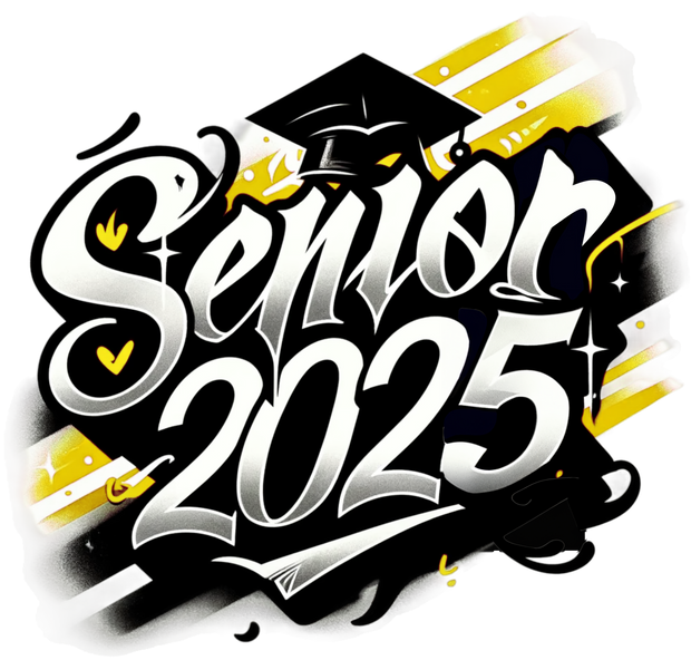 White Senior 2025 Airbrushed Gold and Black DTF (direct-to-film) Transfer