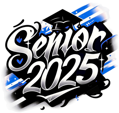 White Senior 2025 Airbrushed Lt Blue and Black DTF (direct-to-film) Transfer