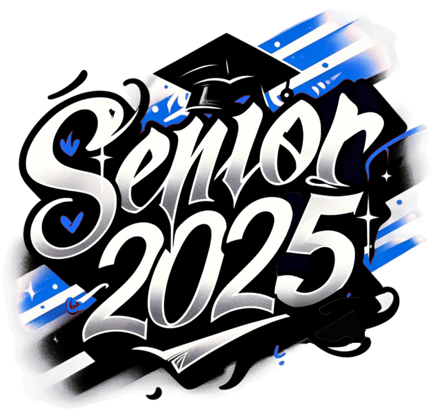 White Senior 2025 Airbrushed Lt Blue and Black DTF (direct-to-film) Transfer