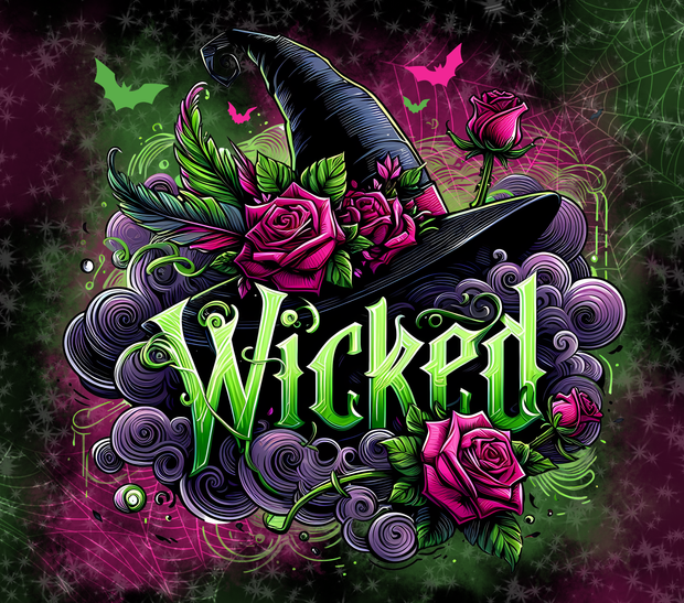 Wicked In Green Font With Pink Roses And Black Backdrop UV-DTF 20 oz Skinny Tumbler Wrap