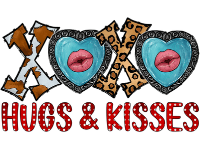 XOXO Hugs And Kisses In Cow Print And Turquoise Font DTF (direct-to-film) Transfer