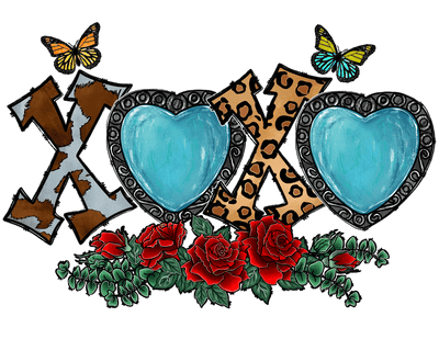 XOXO In Animal Print Font With Roses and Butterflies  DTF (direct-to-film) Transfer