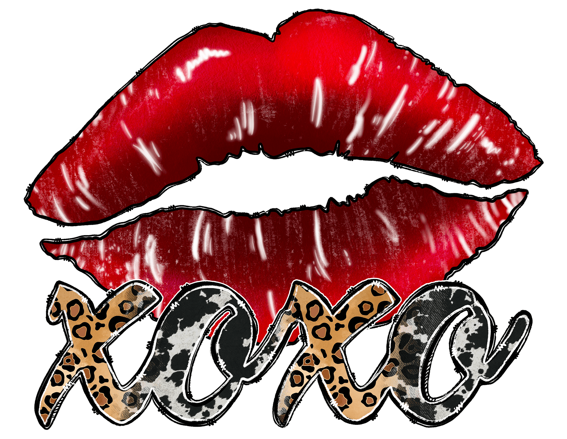 XOXO In Black And Animal Print Font With Red Lips DTF (direct-to-film ...