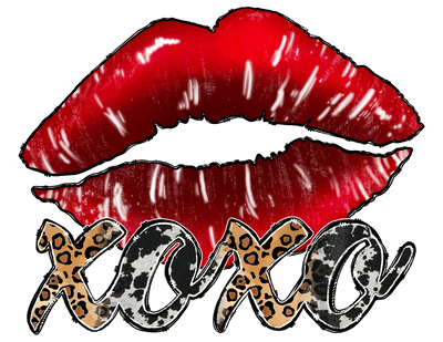 XOXO In Black And Animal Print Font With Red Lips DTF (direct-to-film) Transfer