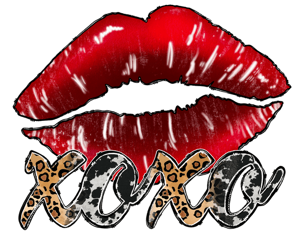 XOXO In Black And Animal Print Font With Red Lips DTF (direct-to-film) Transfer