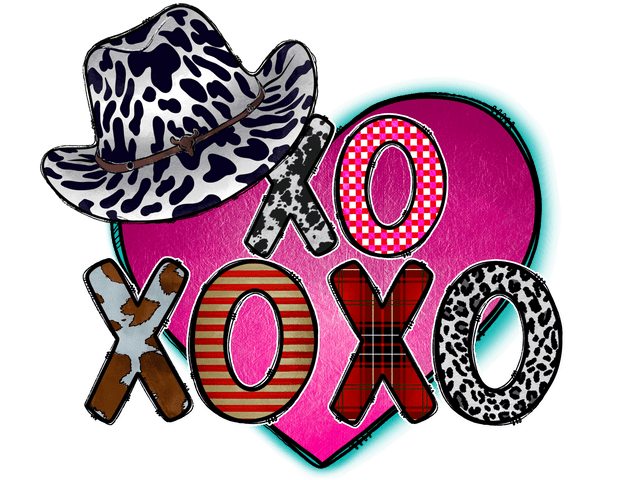 XOXO In Printed Font With Pink Heart And Cow Print Hat  DTF (direct-to-film) Transfer