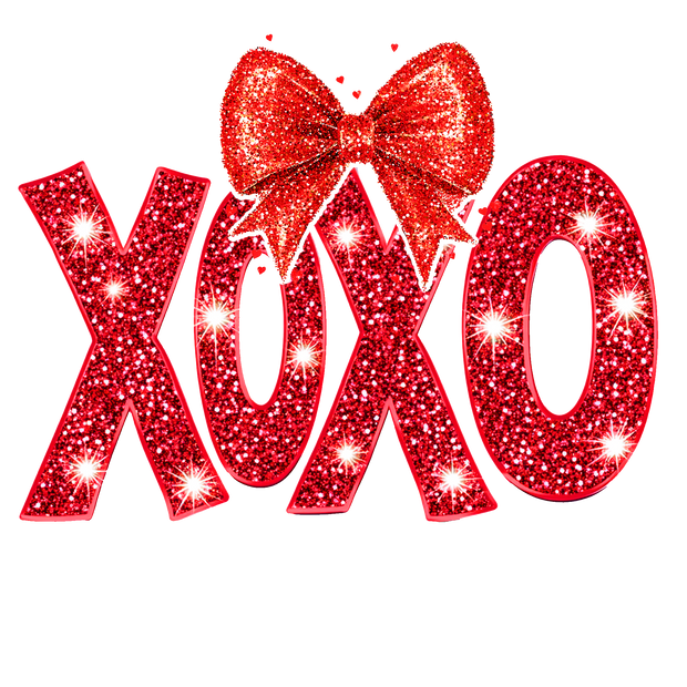 XOXO Red Bow In Glitter Font With Starburst DTF (direct-to-film) Transfer