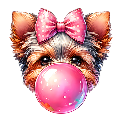 YORKIE BLOWING A BUBBLE WITH A BOW DTF (direct-to-film) Transfer