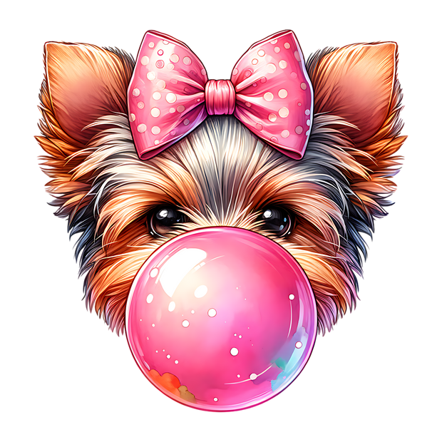 YORKIE BLOWING A BUBBLE WITH A BOW DTF (direct-to-film) Transfer