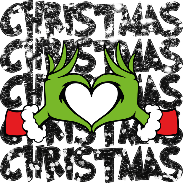 Grinch Christmas Faux Glitter Heart Fingers Direct to Film DTF Transfer - Twisted Image Transfers