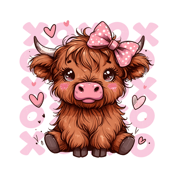 Baby Pink Highland Cow Valentines Day XOXO DTF (direct-to-film) Transfer - Twisted Image Transfers