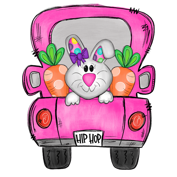 Girl Easter Bunny on Pink Truck DTF (direct-to-film) Transfer