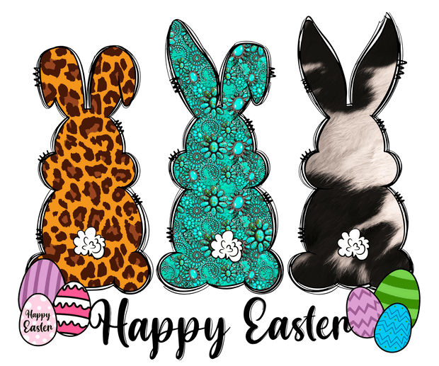 Happy Easter with 3 Bunnies (Cow print, Leopard, and Floral) DTF (direct-to-film) Transfer - Twisted Image Transfers