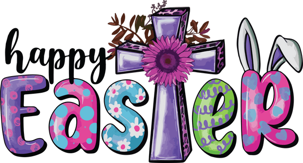 Happy Easter with Cross and Bunny Ears DTF (direct-to-film) Transfer - Twisted Image Transfers