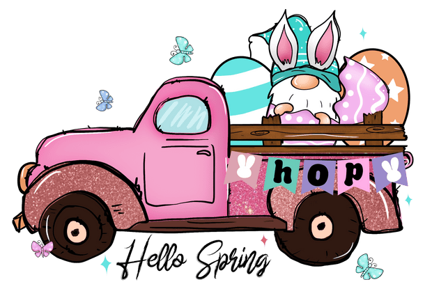 Hello Spring With Easter Gnome and Truck DTF (direct-to-film) Transfer - Twisted Image Transfers