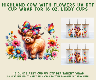 Highland Cow with Flowers UV DTF Cup Wrap for 16 oz. Libby Cups