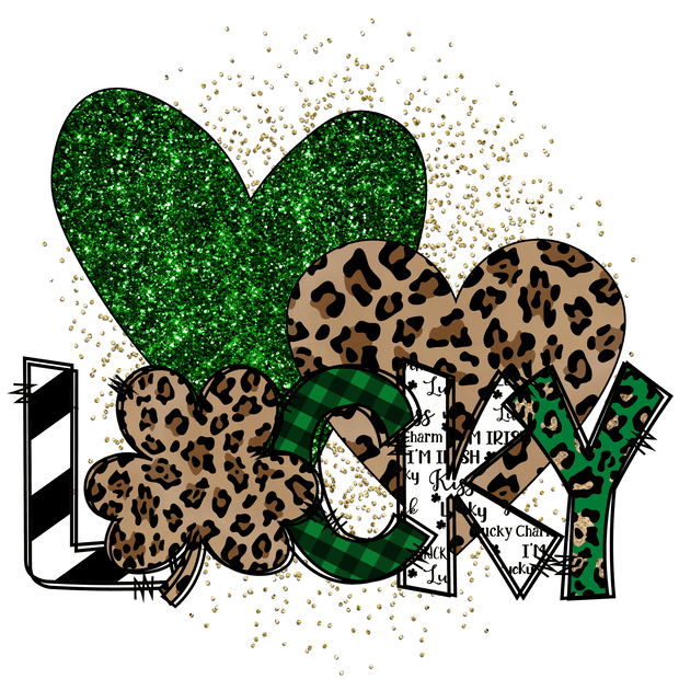 Lucky with Glitter and Leopard Print Hearts DTF (direct-to-film) Transfer - Twisted Image Transfers