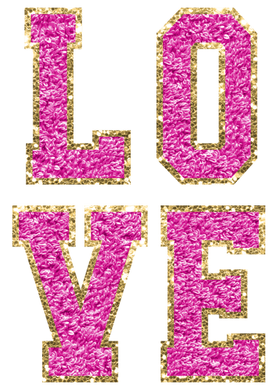 Pink and Gold LO VE Chenille Faux Patch DTF (direct-to-film) Transfer - Twisted Image Transfers