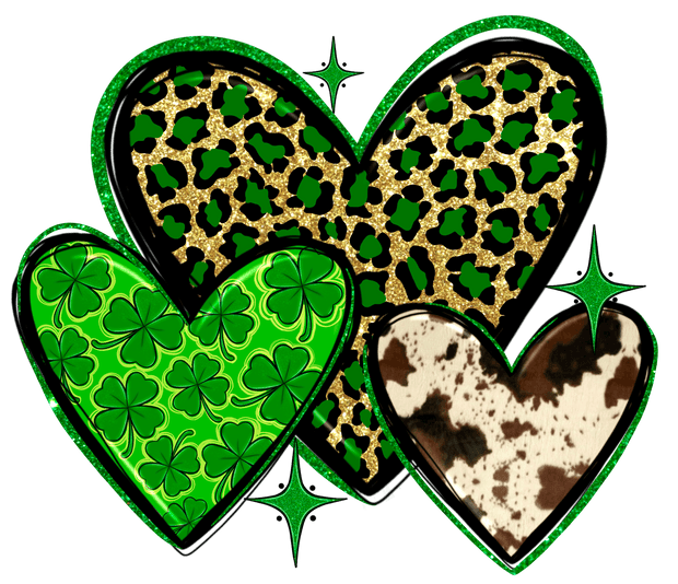 St. Patrick's Day Hearts with Clovers, Leopard Print, and Cow Print DTF (direct-to-film) Transfer - Twisted Image Transfers