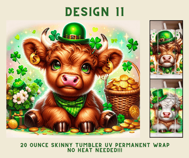 St. Patrick's Day Highland Cow 20 oz. Skinny Tumbler Wrap Design 11 - Twisted Image Transfers