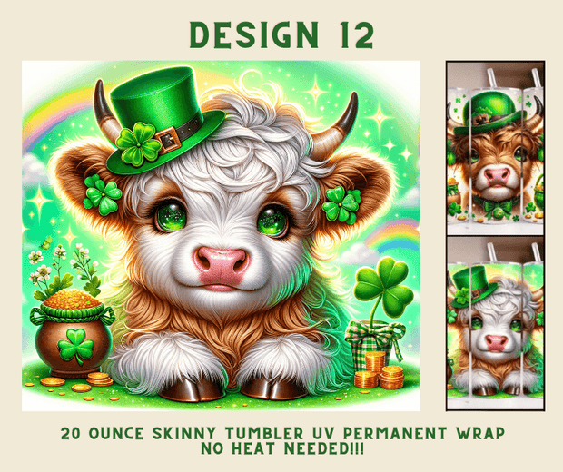 St. Patrick's Day Highland Cow 20 oz. Skinny Tumbler Wrap Design 12 - Twisted Image Transfers