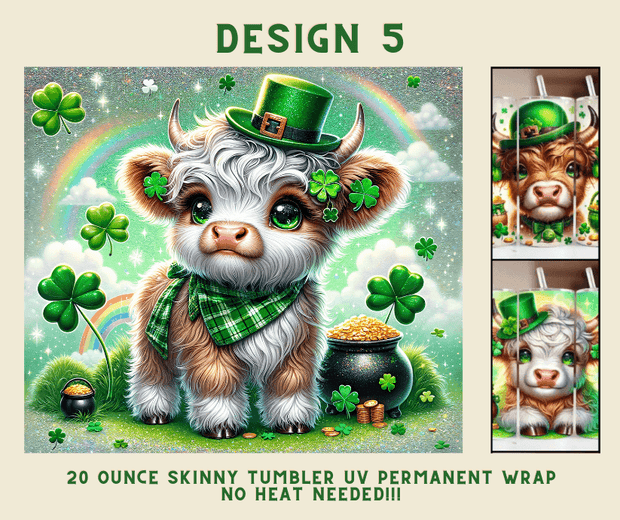 St. Patrick's Day Highland Cow 20 oz. Skinny Tumbler Wrap Design 5 - Twisted Image Transfers