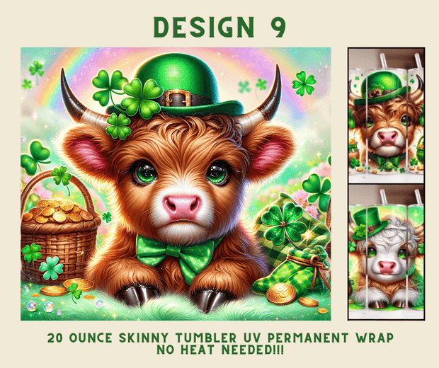 St. Patrick's Day Highland Cow 20 oz. Skinny Tumbler Wrap Design 9 - Twisted Image Transfers