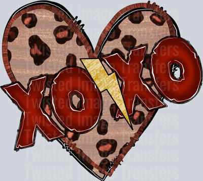 XOXO In Red Font With Animal Print Heart And Lightning Bolt