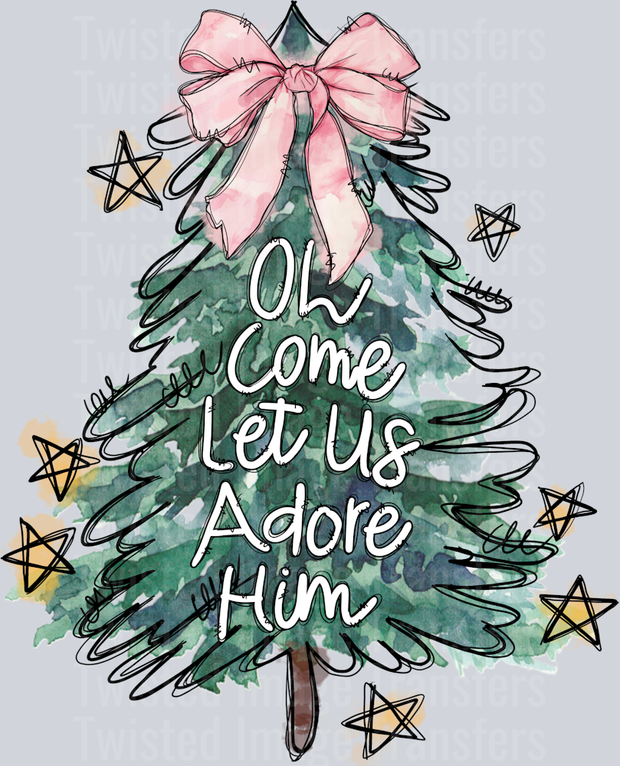 Oh Come Let Us Adore Him Christmas Tree With Pink Bow