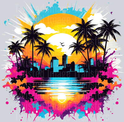 Sunset Color Drip with Birds