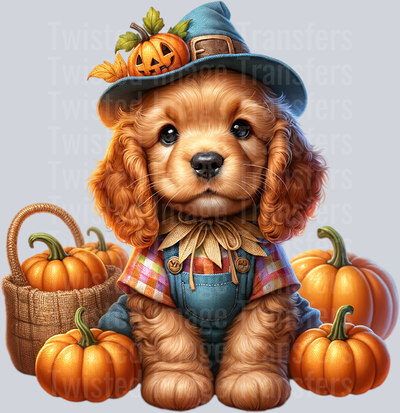 Pup in Overalls with Pumpkins