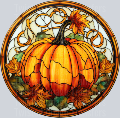 Autumn Stained Glass Orange Pumpkin and Leaves