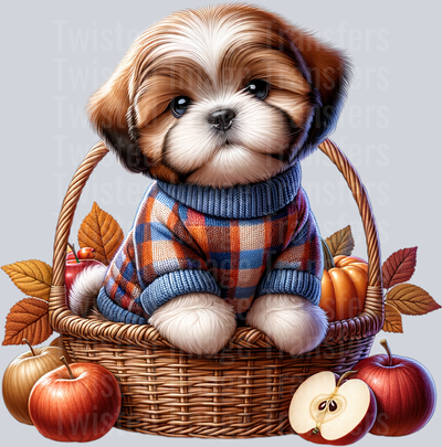 Puppy Wearing Sweater in a Basket