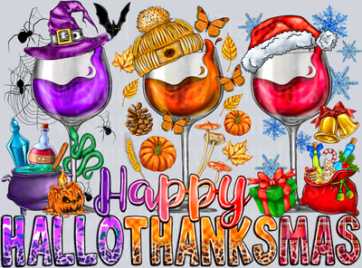 Happy Hallothanksmas Wine Glasses