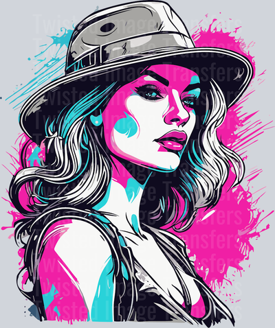 Lady in Hat Pink & Blue Color Drip