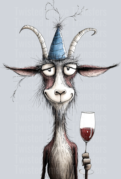 Quirky Ram With Blue Party Hat And Red Wine