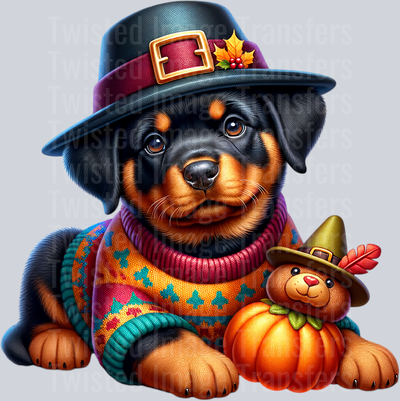 Pup in Fall Sweater with Pumpkin Bear